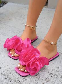 New Women's Black Spring/Summer Fashion Party & Vacation Ruffle Decor Platform Sandals, Outdoor Comfortable Versatile Square Toe Soft Flat Slippers