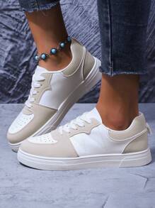 Baskets décontractées à motif de losanges pour femmes, chaussures de fête confortables de style preppy en couleur unie, mignon, chaussures de sport décontractées en PU à lacets pour le travail, les trajets, les vacances, toutes les saisons