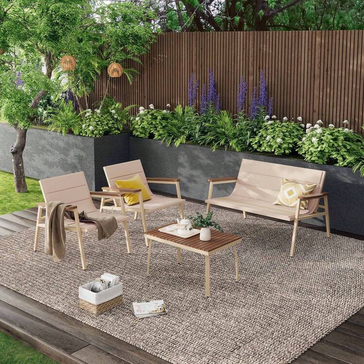 4-Piece Modern Outdoor Furniture Set, Patio Sofa With Suspended Cushion, Patio Conversation Set For Porch, Deck, Balcony - 米色 - 查看 3