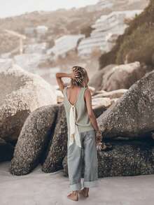 Independence Day Chic Backless Bowknot Knit Vest Cardigan For Women, Spring/Summer, Layerable Slim Fit - Camel - View 2