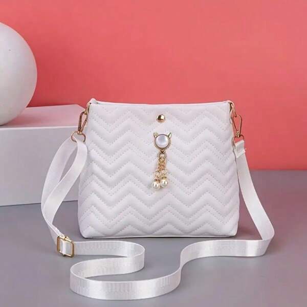 Nova moda onda listrado acolchoado gato pérola pingente decoração feminina simples bolsa crossbody