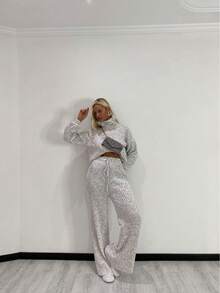 Women's Mousse Knit Set Wide Leg Pantaloons And Cropped Top Aerolook Autumn Winter - 奶油色 - 查看 1
