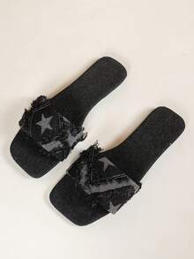 Women's Fashion Flat Sandals With Square Toe, Versatile Ladies Slides For Spring & Summer - Black - View 5