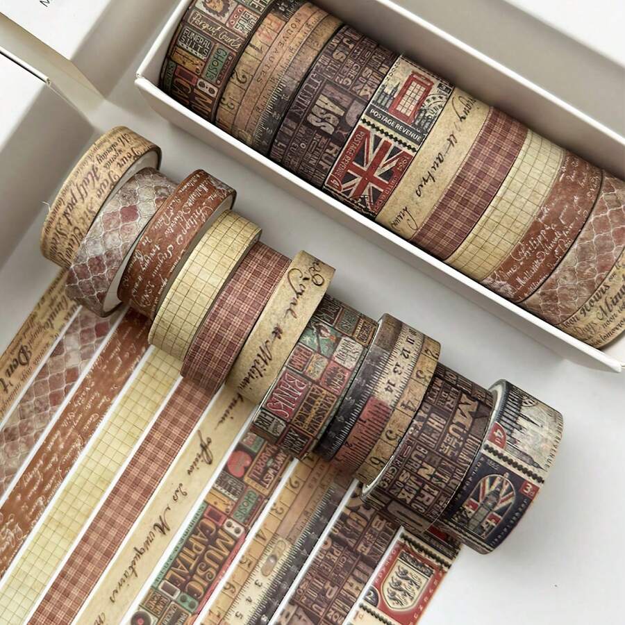 10pcs Washi Tapes Set 15mm 10mm Retro Grid Cute Pattern Paper Adhesive Masking Tape Decoration Stickers Back To School - Coffee Brown - View 1