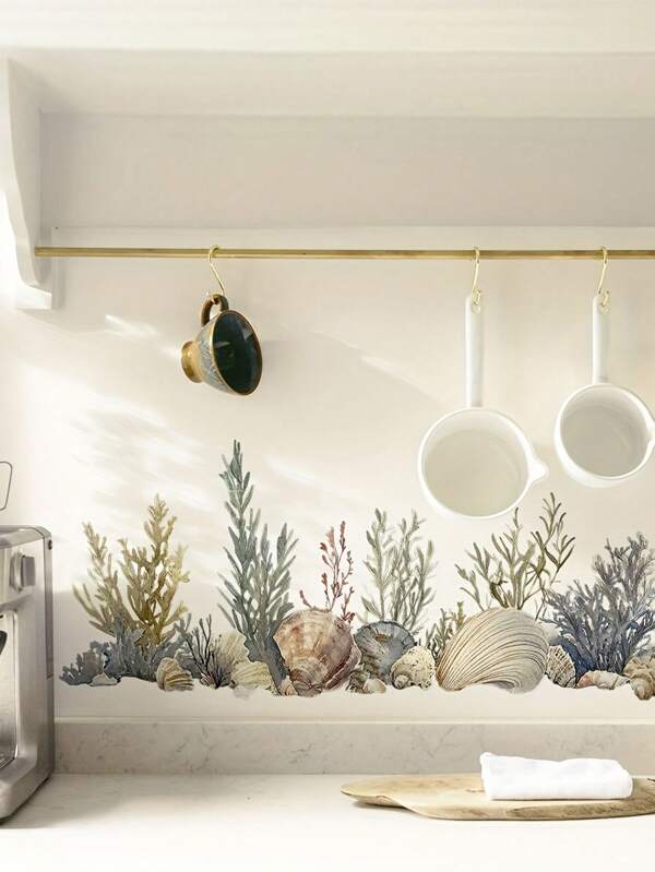 1pc Sea Shell Seaweed, Watercolour Style, Simple Removable, For Wall Stickers Living Room Dining Room Corridor Window Door Toilet And Other Stickers, Summer Vinyl Decal For Home Decorations, Wall Decoration Items Refresh Your Home Room Decor