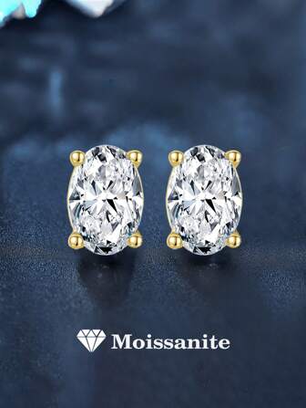 2pcs Elegant Luxury 925 Silver 1 Carat Oval Moissanite Earrings, For Women's Daily, Party, Vacation, Mother's Day, Birthday, New Year, Wedding Anniversary Jewelry Gift