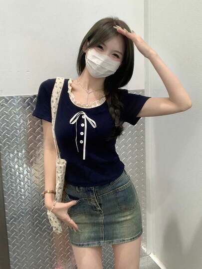 2025新款修身拼色两件套甜美短袖T恤上衣