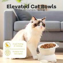 1 Set Of Detachable 15 Degree Tilted Water Bowl And Food Ceramic Bowl, Ceramic Cat Food Bowl, Elevated Cat Food Bowl, Adjustable Cat Food Bowl, High Edge Cat Bowl, Pet Cutlery, Cute Cartoon Design, Dual-Use Design, Stable Base, Not Easy To Flip Over, Easy To Clean, Detachable And Washable, Suitable For Indoor Cats, Small Dogs And Small Pets To Drink And Eat Pet Feeding Bowls, Protecting Your Pet's Spine And Preventing Backflow. - Blue - View 4