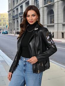 Risissida Women's Autumn Faux Leather Biker Jacket - Vintage Patch, Create Layered Personalized Style - Black - View 9