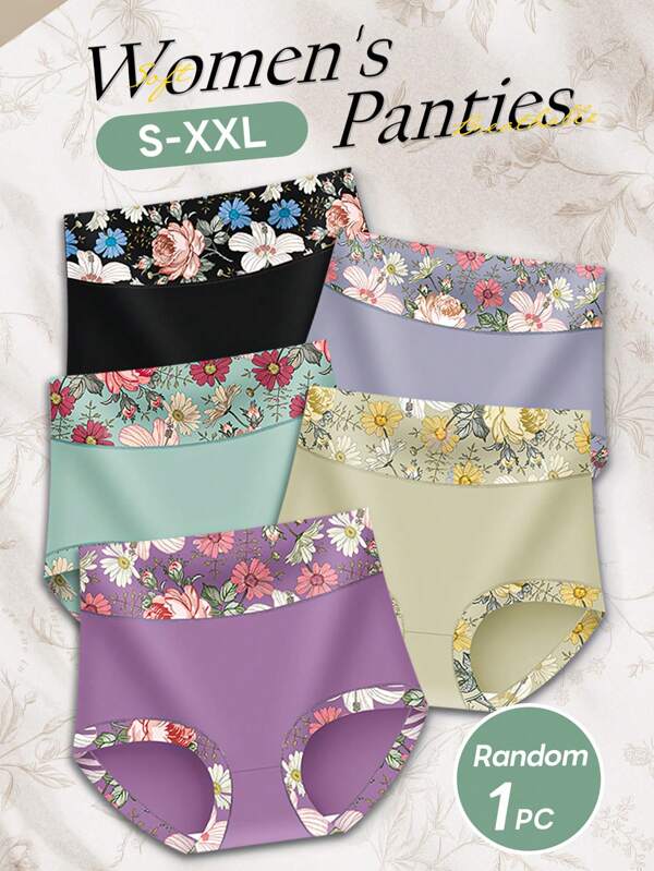 MIOTAN 1pc Women High Waist Random Printed Floral Triangle Panty, Soft & Breathable