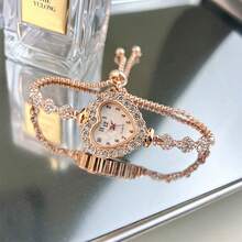 1 chiếc đồng hồ thạch anh thời trang nữ hình trái tim đính đá Rhinestone, mặt số Ả Rập, dây đeo có thể thu vào, phong cách thoải mái - Hoa hồng vàng - Xem 7