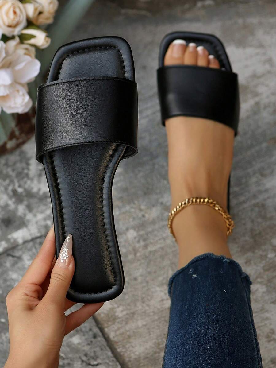 女士皮革平底凉鞋，黑色轻便软底低跟一脚蹬穆勒凉鞋，适合夏季休闲穿着 - 黑色 - 查看 1