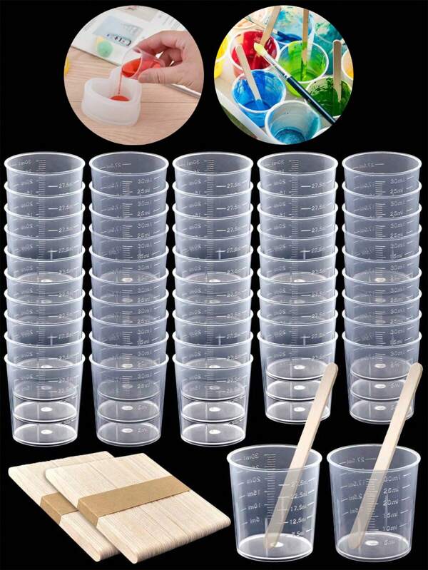 30ml/1oz Plastikbecher mit Skala, transparente Messbecher, 5/10/20 Stücke klare Epoxidrührkübel mit 5/10/20 Stücke Holzrührquirle für Harz, Epoxid, Beize, Farbenmischen (5+5, 10+10, 20+20)