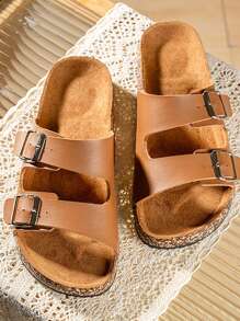 Men's Casual Slide Sandals, Fashionable Slippers, Non-Slip Solid Color Indoor/Outdoor Wear, Soft Cork Footbed Comfortable For Spring/Summer, Couples Style