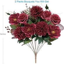 Silk Flowers Bouquet, Wine Artificial Floral Arrangements, Dark Red Fake Flower For Wedding Bridal Bouquets, Home Decorations, Baby Shower, Table Centerpieces - 酒紅色 - 查看 8