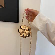 1pc New Mini Metal Makeup Bag, Electroplated Gold Coin Purse, Shiny Avant-Garde Metal Color Handbag, Beaded Chain Crossbody Bag, Flower Asymmetrical Handbag, Jewelry Pouch, Elegant Coin Purse