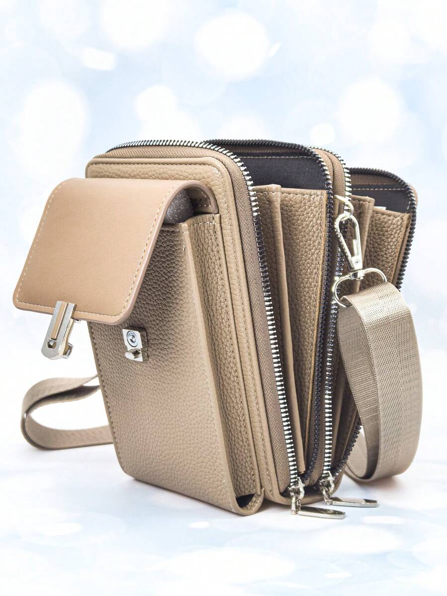 MINGYOU Women's PU Leather Crossbody Bag, Fashion & Young, Multi-Zipper, Multi-Functional Large Capacity Phone Wallet - Camel - View 1