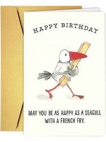 1 张可爱卡通海鸥生日贺卡，祝你像炸薯条一样幸福：适合送给爸爸、妈妈、兄弟、姐妹或任何你爱的人