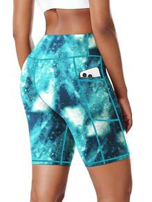 大码女式高腰弹力柔软运动短裤，适合跑步、健身、瑜伽、户外徒步、骑行，带口袋和印花设计，春夏季