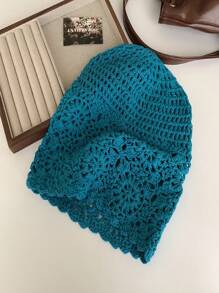 1pc Casual Boho Polyester Knitted Hollow Pearl Flower Handmade Beanie Hat, Lightweight 4 Season, Sweet & Cute Korean Style For Women