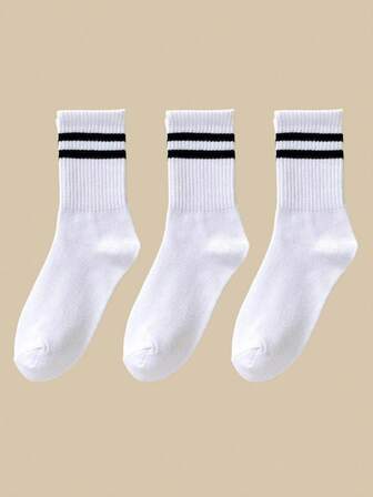 3 Pairs Women's Striped Pattern Mid-Calf Socks, White Long Socks For School, Fall