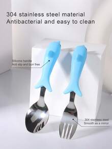 1 pieza Tenedor y cuchara de acero inoxidable para bebé con mango de silicona con forma de delfín, masticable y juguete, ayuda al bebé a disfrutar de la hora de las comidas - Azul - Ver 4