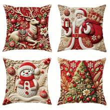 4 fundas de almohada planas 2D de Navidad (bordado no realista) - Diseños de Papá Noel, muñeco de nieve, reno y duende con impresiones de "¡Feliz!", "¡Nieve!", "¡Alegría!" y "¡Ho Ho Ho!" Perfectas para la decoración del sofá de la sala de estar, accesorios festivos del hogar, regalos de Navidad