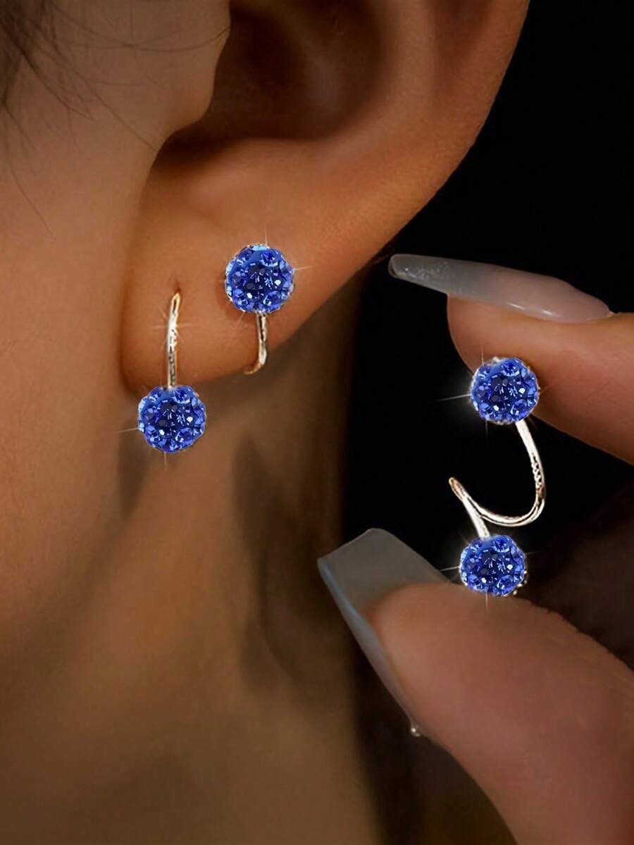 1 Pair Of Luxury Style Double Head Screw Lock Rhinestone Ball Earrings, Unique S-Shape Pierced Stud Earrings - Blue - View 1