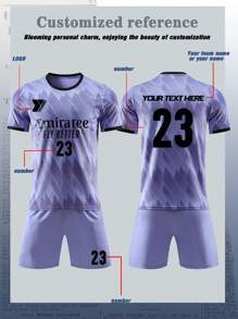 Benutzerdefinierbares Logo Nummern Trikots, Fußball Anzug Set für Herren, Lila rundhals Farbblock geometrisches Streifenmuster, atmungsaktiv, bequem, modisch für Outdoor Sport und Lässig Weltmeisterschaft
