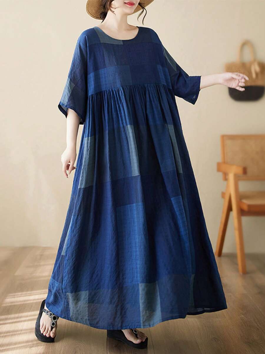 2026夏季女装加大码蓝色格子圆领短袖宽松印花摆裙，优雅连衣裙，波西米亚休闲度假沙滩裙 - 藍色 - 查看 1