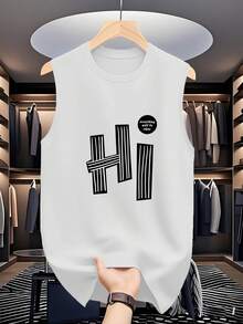 男式标语和心形印花圆领休闲背心 - 白色 - 查看 1