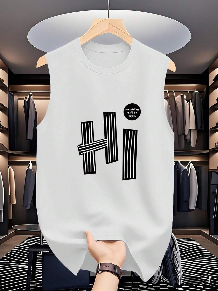 男式标语和心形印花圆领休闲背心 - 白色 - 查看 1