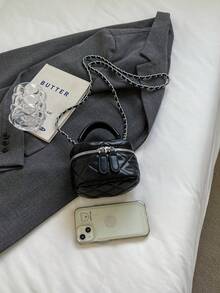 1 件女士迷你斜挎包，钻石绗缝 PU 皮革，时尚链条单肩包，口袋和零钱包，适合女孩，春夏季 - 黑色 - 查看 9