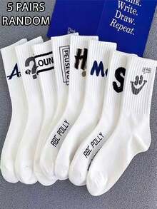 5 Pairs Of Random Letters Men's Mid-Tube Socks Simple Fashion Men's Socks White Socks - Multicolor - View 1
