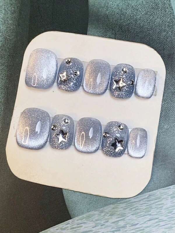 10Pcs Transparent Blue Starry Glass Bead Cat Eye Nail Art Decorations, Hand Crafted Press On Nails Nail Supplies Nails