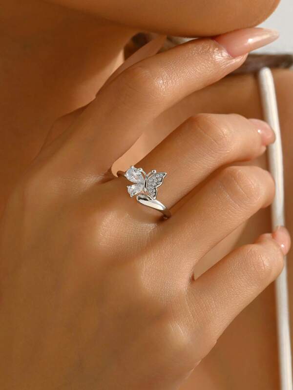 1pc Fashionable Cubic Zirconia S925 Sterling Silver Ethereal Wing Series Romantic Butterfly Women's Open Ring, Mother's Day Gift