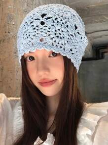 1pc Casual Boho Polyester Knitted Hollow Pearl Flower Handmade Beanie Hat, Lightweight 4 Season, Sweet & Cute Korean Style For Women