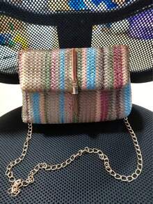 1 件彩色对比针织面料磁扣设计波西米亚风格小众奢华女士单肩包，时尚金属链斜挎包 - 彩色 - 查看 5