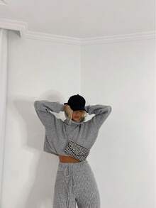 Women's Mousse Knit Set Wide Leg Pantaloons And Cropped Top Aerolook Autumn Winter - 灰色 - 查看 3