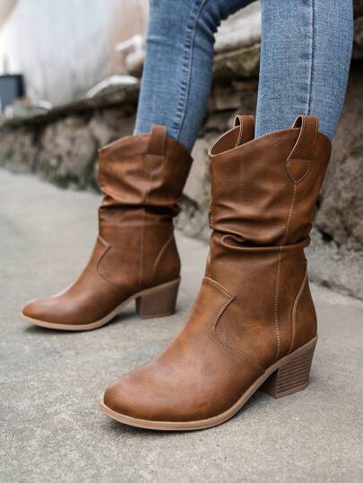 Ruched Women's Ankle Boots, Western Style High Heel Boots, Chunky Heel, Versatile