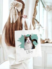 1pc Custom Pet Photo And Name Canvas Tote Bag - Personalized Pet Portrait Bag - Dog Bag For Women - Dog Mom Bag .This Personalized Tote Bag Is Light And Thin. After You've Finished Using It