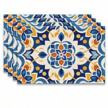 A Set Of 4/6pcs With Blue Patterns, Table Placemats, Made Of Machine Washable Polyester Fiber, This Rectangular Heat-Resistant Placemat Is Heat-Resistant, Stain Resistant, Waterproof, And Easy To Clean. It Is Suitable For Desktop Decoration, Holiday Party Decoration, And Desktop Protection, And Is Suitable For Both Home And Outdoor Use