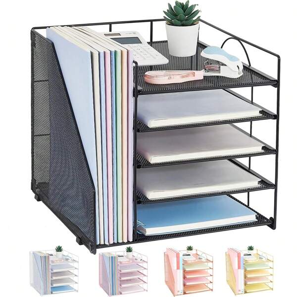 1pc Multi-Tier Desktop Organizer With File Holder, 5-Layer Mesh Desk Organizer With Pen Holder, Mail/Document Tray, Office Supplies Caddy