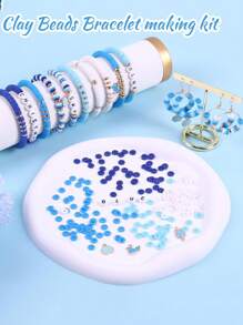 1 boîte de perles en argile bleue pour la fabrication de bracelets, perles de style océan bleu de 6 mm pour bracelets d'amitié. Kit de fabrication de bijoux avec cordon élastique en cristal. Matériel pour bracelet DIY comprenant fausse perle, poterie douce, polymère, lettrage, septums d'étoile de mer et coquillage