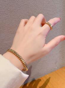 2pcs European & American Style Vintage Rivet Asymmetrical High-End Luxury Personalized Copper Ring & Bracelet Jewelry Set