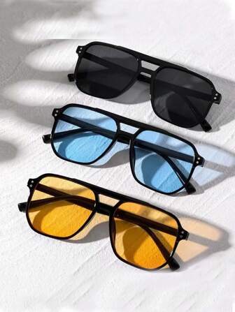3pcs Men's Multi-Color Classic Retro Casual Fashion Summer Square Frame UV-Resistant Vacation Ocean Fashion Glasses Double-Beam Rice Stud Pilot Fashion Glasses For Summer Beach Vacation,Outdoor,Travel