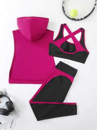 女士纯色抽绳连帽背心搭配撞色运动胸罩和紧身裤高弹力针织面料运动套装