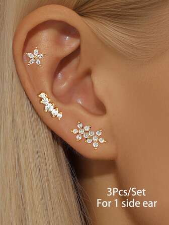Set di 3 pezzi/set (per 1 orecchio) set di orecchini placcati in oro 18 carati con zirconi eleganti, orecchini a perno da donna, gioielli casual di moda