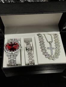 4pcs/Set Men's Watch And Hip Hop Cuban Link Necklace Bracelet Set (No Gift Box) - A - View 12