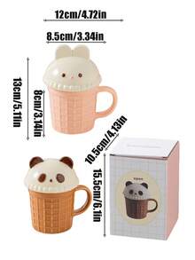 1 件可爱动物陶瓷盖杯，熊猫/猫主题咖啡杯、马克杯、茶杯、居家/办公室女士保温水杯，创意冰淇淋设计，独特设计，有趣的生日/节日礼物，盒装